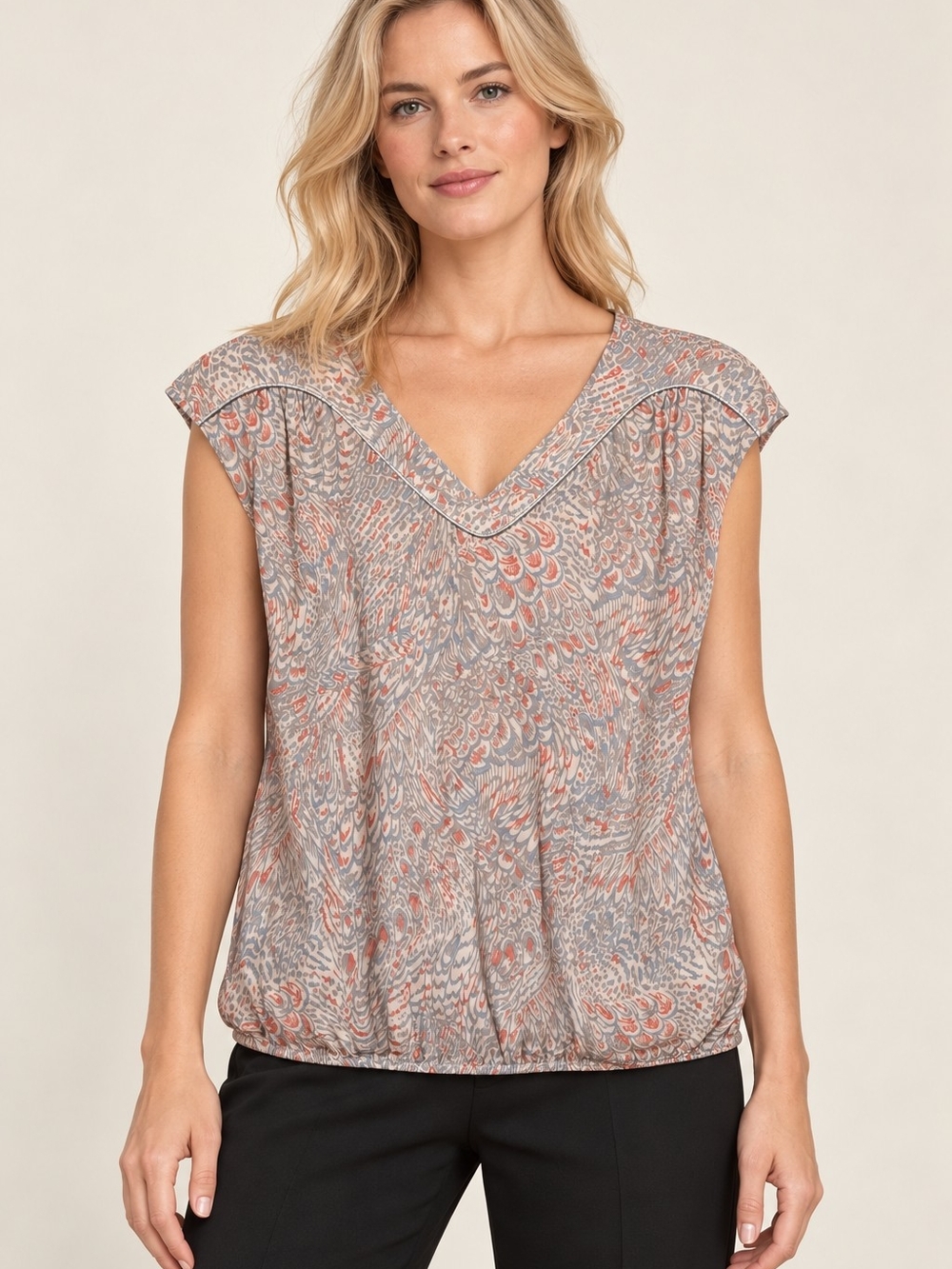 Sanwuch Brand V-Neck Cap Sleeve Printed Blouse - Pink Gray